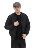 Man adjusting grey tweed flat cap brim classic driver style