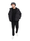 Man in grey tweed newsboy cap full length front view winter outfit