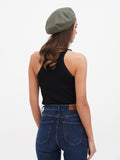 Handmade khaki linen beret for women front portrait, olive green French style cap made in Ukraine