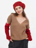 Handmade red wool beret with fabric flower side glance portrait, autumn women's hat Ukraine