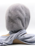 Close view iris grey mink hood showing dense flat dyed mink pile with lavender-grey violet undertone