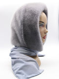 Detail view iris grey dyed mink fur hood scarf showing plain fabric scarf end and coordinated pale tone