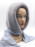 Iris grey mink fur hood front view on mannequin showing clean face opening and lavender-grey dyed mink surface