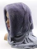 Back view iris purple mink fur hat hood showing full lavender-grey dyed mink coverage and jersey shawl