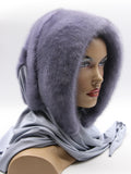 Iris mink fur hat hood front view on mannequin showing lavender-violet-grey dyed mink and jersey shawl