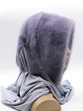 Iris purple lavender dyed mink fur hat hood with jersey shawl on female model, front view showing violet-grey mink