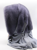 Close view iris mink fur hat hood showing lavender-violet-grey dyed mink pile texture and clean face opening