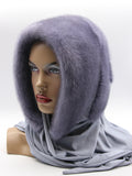 Side profile iris mink fur hat hood jersey shawl on mannequin showing hood depth and jersey cowl wrap