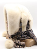 Back view ivory mink fur hat hood showing full natural ivory mink coverage and abstract floral scarf