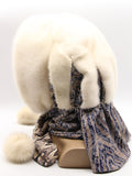 Close view ivory mink fur hat hood showing natural warm white mink pile and clean face opening edge