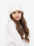 Ivory wool cloche hat Beatrice worn by woman with long brown hair, side profile