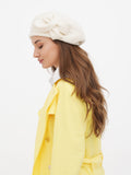 Ivory wool women's beret with tonal flower side glance portrait, handmade French style hat spring