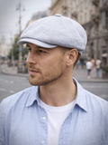 Light blue linen baker boy cap side profile mens summer driving hat