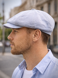 Light blue linen flat cap side view mens summer headwear