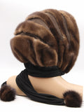Back view light brown mink brown suede striped fur hat cowl showing full warm tonal stripe pattern and cowl wrap