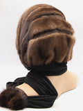 Side profile light brown mink brown suede striped fur hat cowl showing alternating mink pile and suede bands