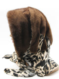 Back view light brown natural mink fur hat hood showing warm mink coverage and classic leopard print scarf