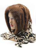 Side profile light brown mink fur hat hood with classic leopard scarf on mannequin showing scarf length and drape