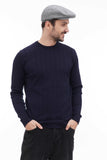 Back view man in light grey tweed flat cap showing construction with navy sweater