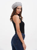 Light grey French beret hat for women side glance portrait, spring summer linen cap Ukraine