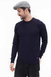 Torso front view man in light grey tweed flat cap with navy sweater casual pose