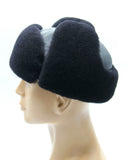 Man wearing black sheepskin ushanka rear view