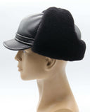 Man wearing black visor cap side earflaps view