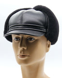 Man wearing black visor ushanka three-quarter angle