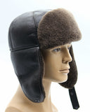 Man wearing brown aviator hat angled view