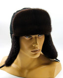 Three-quarter view man wearing brown mink bomber ushanka