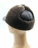 man wearing brown sheepskin visor cap side view