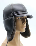 Man wearing brown sheepskin visor cap three-quarter view