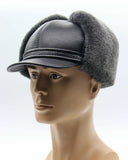 Man wearing grey visor ushanka three-quarter angle