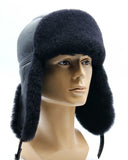Front view man wearing sheepskin bomber ushanka