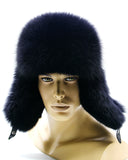 Man wearing black arctic fox fur hat leather ushanka side view
