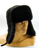 Man wearing black mink bomber ushanka earflaps down front view