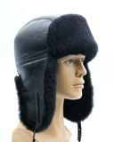 Man wearing sheepskin fur hat bomber ushanka side view