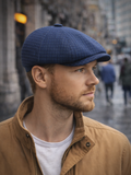 Men blue plaid baker boy cap three quarter angle outdoor street