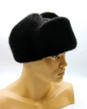 Black mink fur hat and suede bomber ushanka front view earflaps up