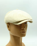 Natural linen newsboy hat side angle on mannequin