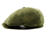 Olive velvet newsboy cap side angle eight-panel baker boy