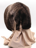 Back view natural ombre mink fur hat hood showing dark brown mink crown and champagne fabric shawl