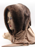 Three-quarter view natural ombre mink fur hat hood showing brown to beige gradient and champagne shawl drape