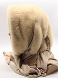 Back view pearl beige mink fur hat hood shawl showing full natural mink coverage and beige jersey shawl