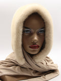 Pearl beige mink fur hat hood front view on mannequin showing natural cream-beige mink and beige jersey shawl drape
