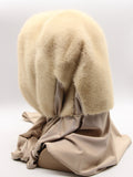 Detail view pearl beige mink fur hat hood jersey shawl showing soft knit fabric texture and plain edge without pompons