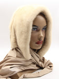 Pearl beige natural mink fur hat hood with jersey shawl on female model front view showing warm cream mink and draped beige shawl