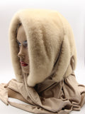 Side profile pearl beige mink fur hat hood shawl on mannequin showing hood depth and jersey shawl drape width