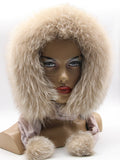 Powder pink mink fur hood scarf wrap front view on mannequin showing fox face trim and full hood shape