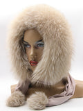 Three-quarter view powder pink mink fox fur hood showing coordinated pink mink body and fox trim volume